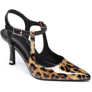 Women's Leopard High Heels Pointed Toe Ankle Strap Pumps Patent Dress Shoes
